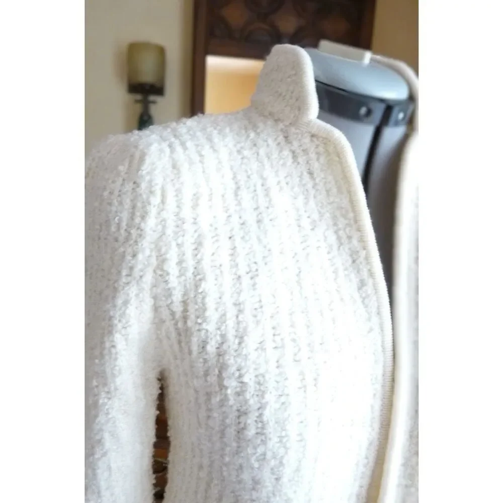 Vintage Cream Boucle Knit Open Front Elegant Edge Trim Cardigan Jacket M